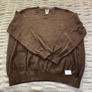 LL Bean Brown Cotton Cashmere Pullover V‎ Neck Sweater Mens Size XL Style 274603